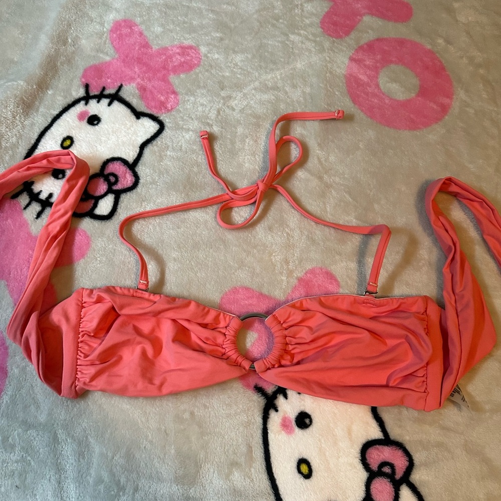 Women’s Garage coral bandeau and halter bikini top with circle ring size small